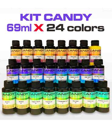 Set mit 24 konzentrierten Candy-Farben in 69ml oder 250ml Format